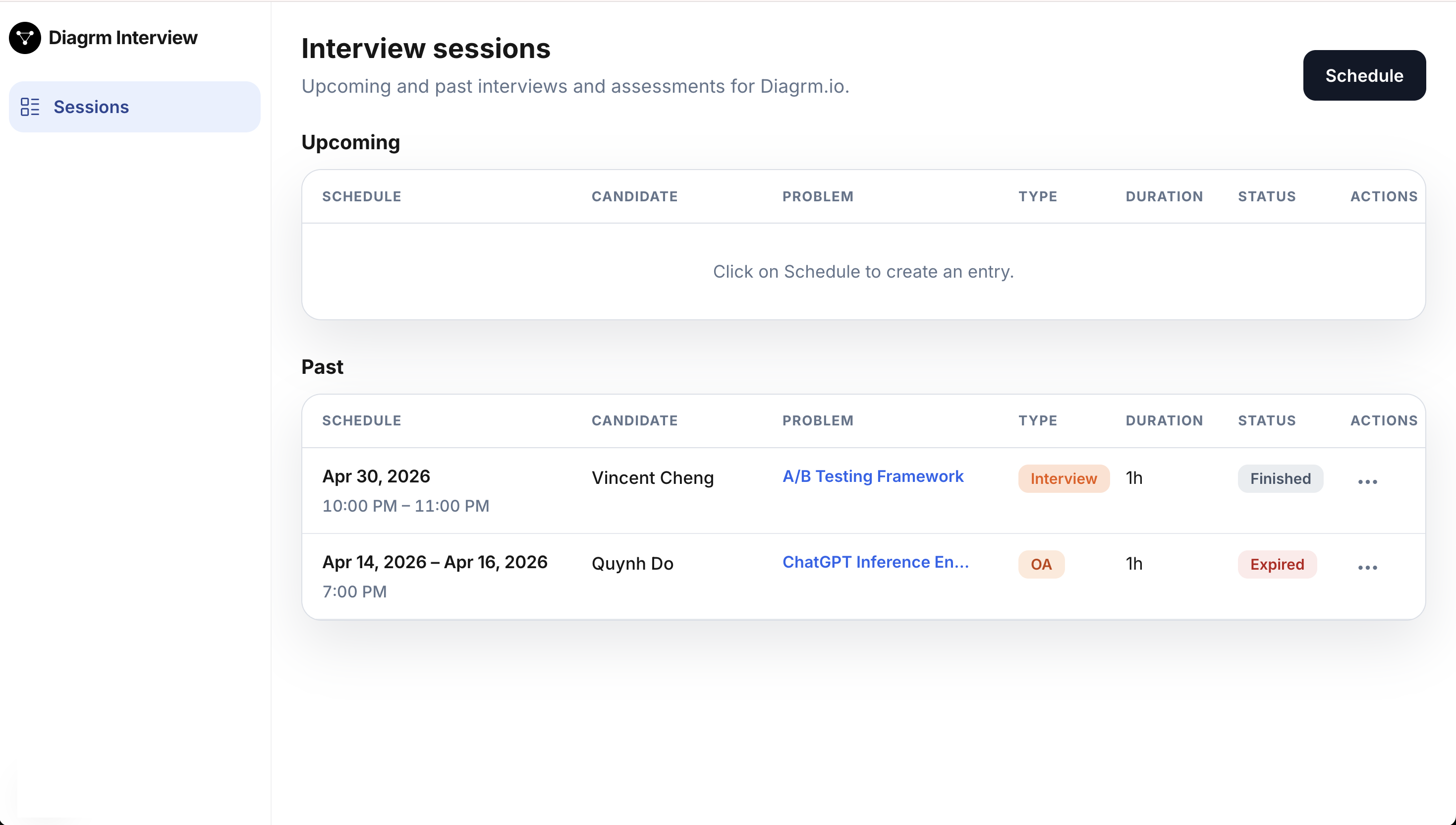 Interview sessions dashboard with upcoming and past interviews and assessments